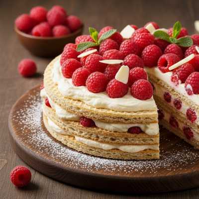 Torcik waflowy z białą czekoladą i malinami