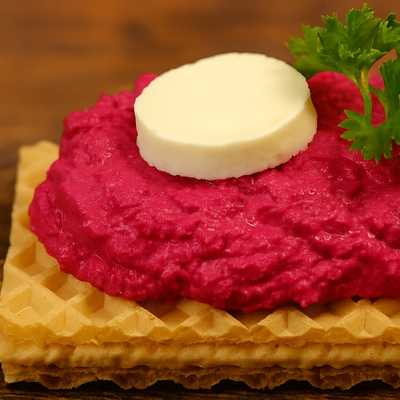Torcik waflowy z pastą z buraka i koziego sera
