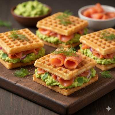 Wafle z pastą z awokado i łososiem